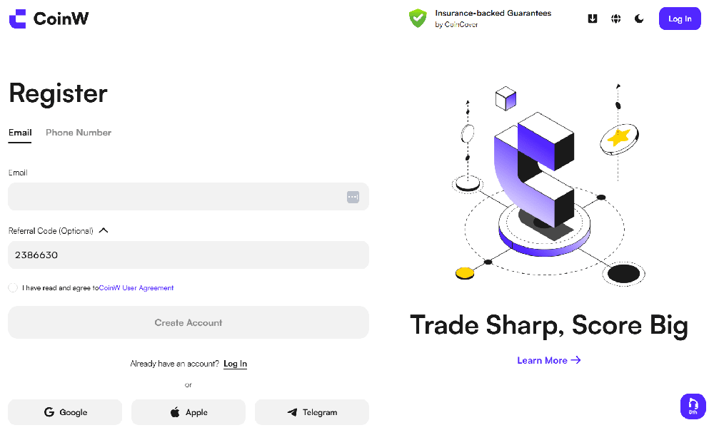 حقل كود إحالة CoinW أثناء التسجيل
